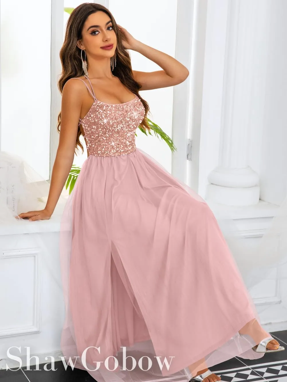 Tulle Prom Dress with Slit,Sequin Backless Long Flowy Dresses for Women,Sexy Sparkly Outfits Homecoming Wedding