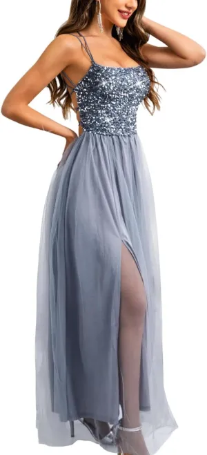 Tulle Prom Dress with Slit,Sequin Backless Long Flowy Dresses for Women,Sexy Sparkly Outfits Homecoming Wedding