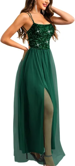 Tulle Prom Dress with Slit,Sequin Backless Long Flowy Dresses for Women,Sexy Sparkly Outfits Homecoming Wedding