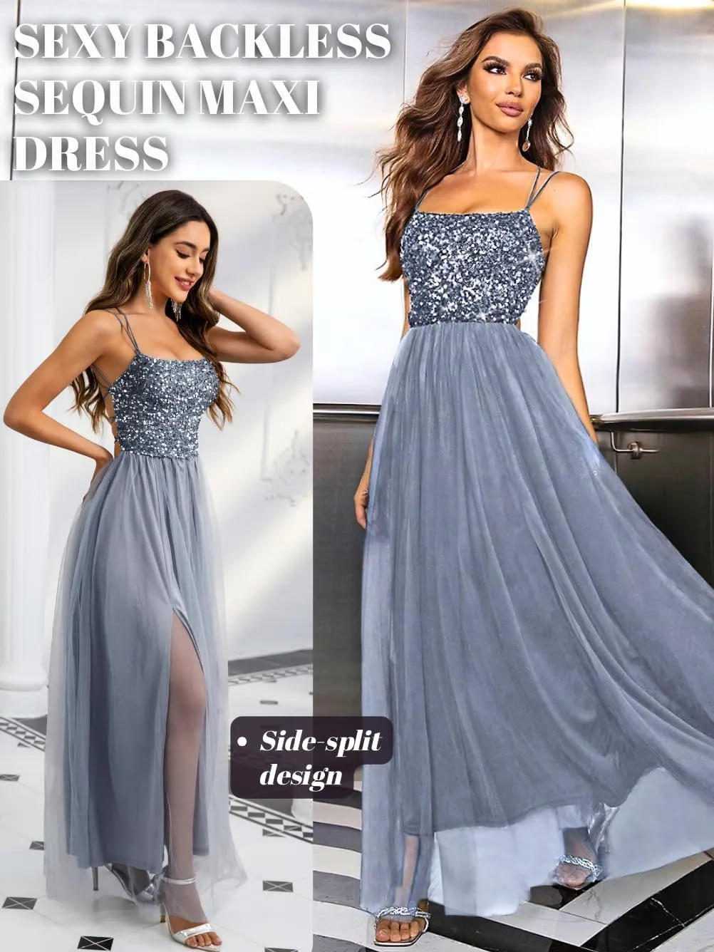 Tulle Prom Dress with Slit,Sequin Backless Long Flowy Dresses for Women,Sexy Sparkly Outfits Homecoming Wedding