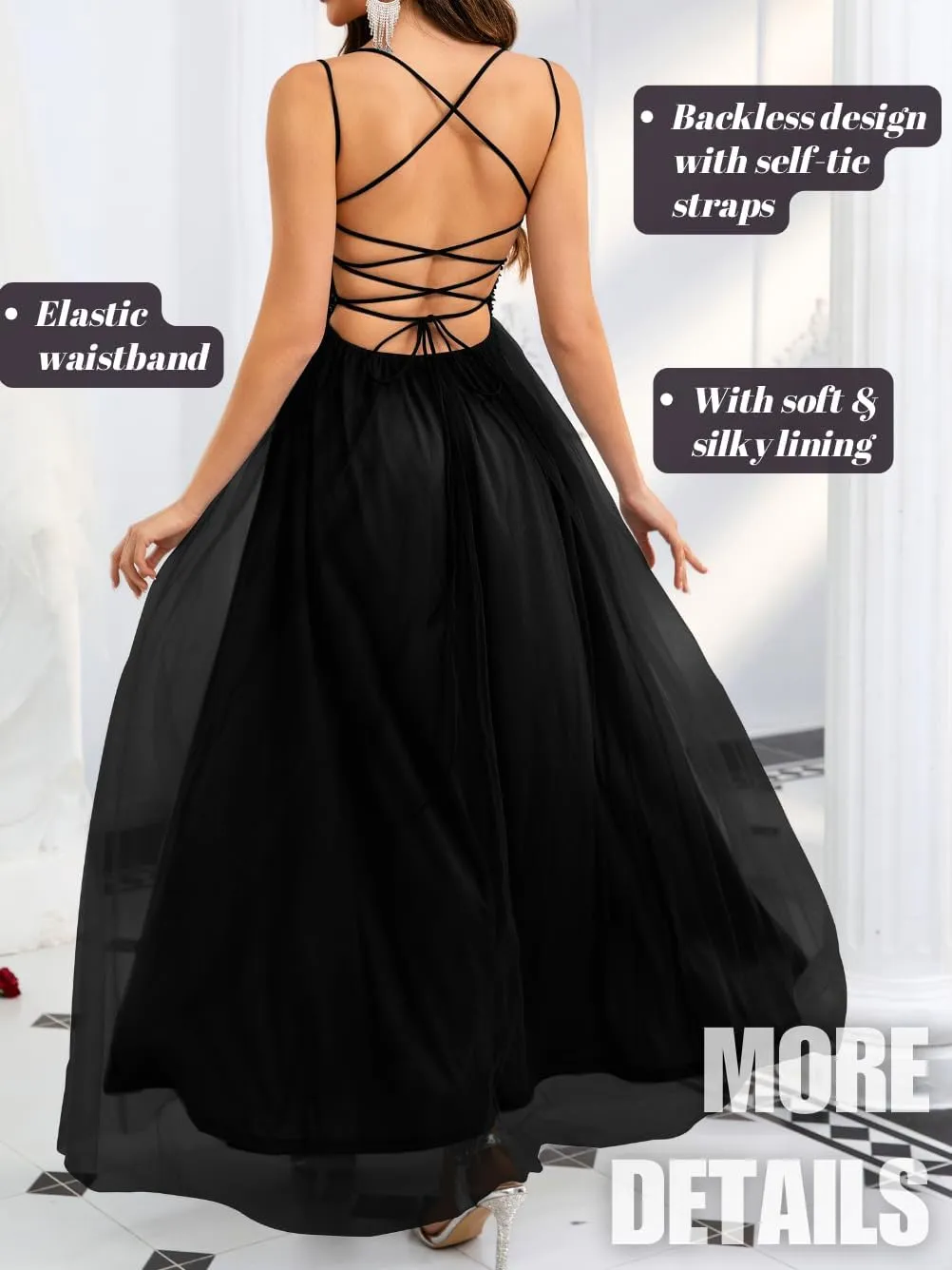Tulle Prom Dress with Slit,Sequin Backless Long Flowy Dresses for Women,Sexy Sparkly Outfits Homecoming Wedding