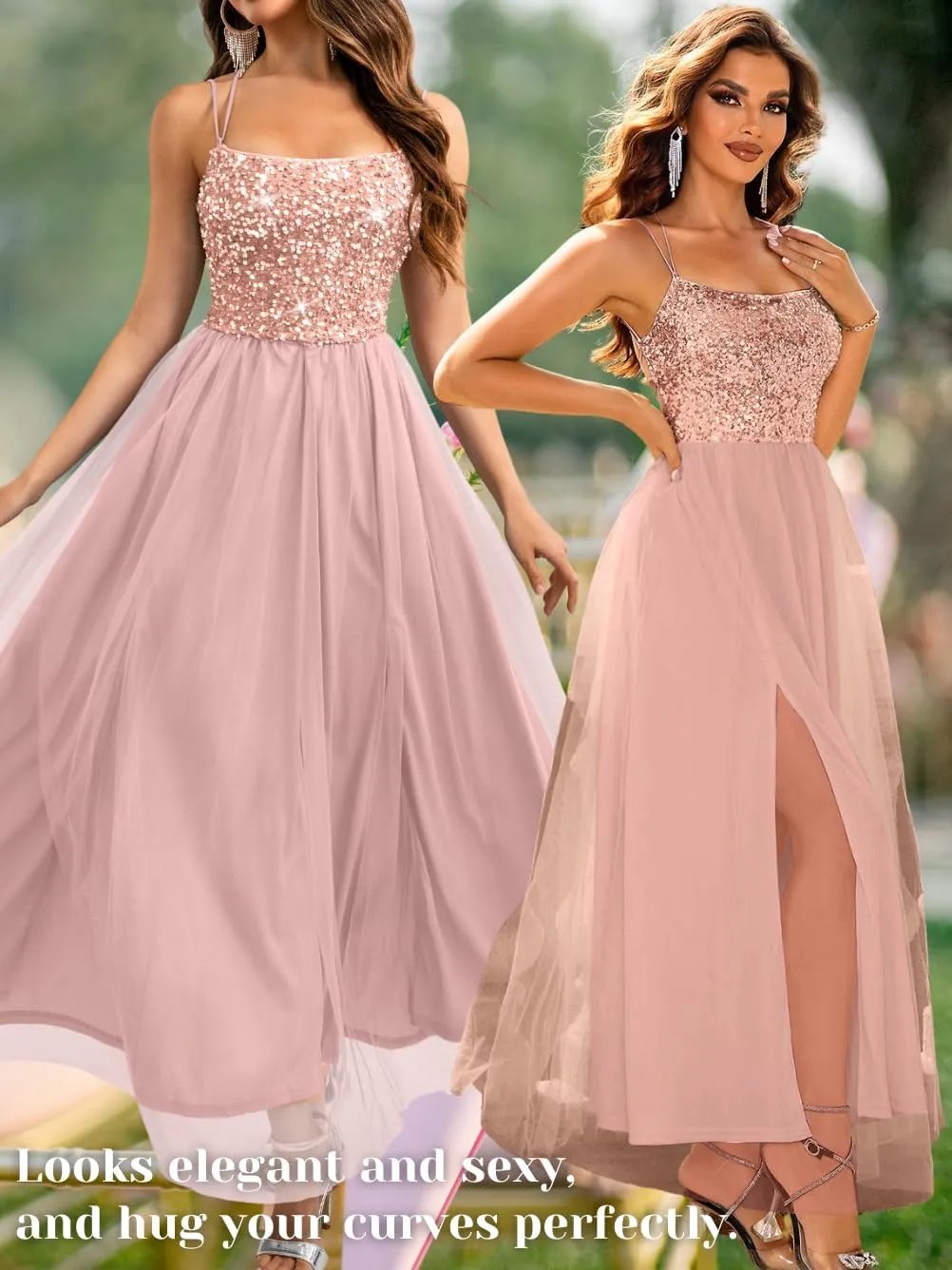 Tulle Prom Dress with Slit,Sequin Backless Long Flowy Dresses for Women,Sexy Sparkly Outfits Homecoming Wedding