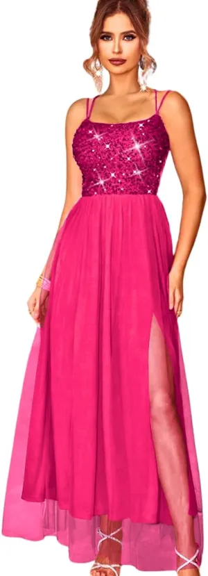 Tulle Prom Dress with Slit,Sequin Backless Long Flowy Dresses for Women,Sexy Sparkly Outfits Homecoming Wedding