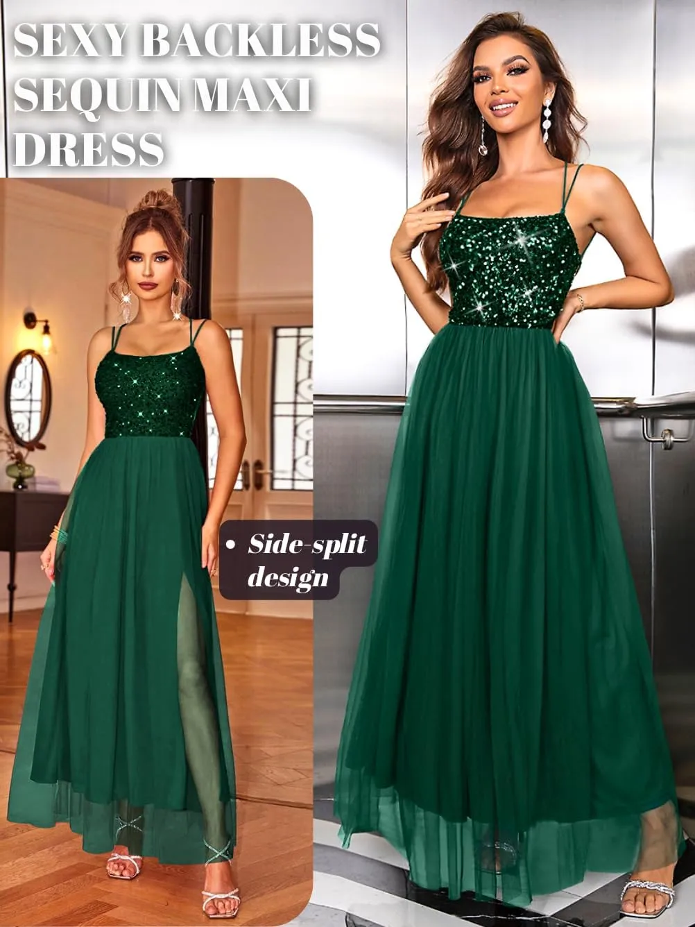Tulle Prom Dress with Slit,Sequin Backless Long Flowy Dresses for Women,Sexy Sparkly Outfits Homecoming Wedding