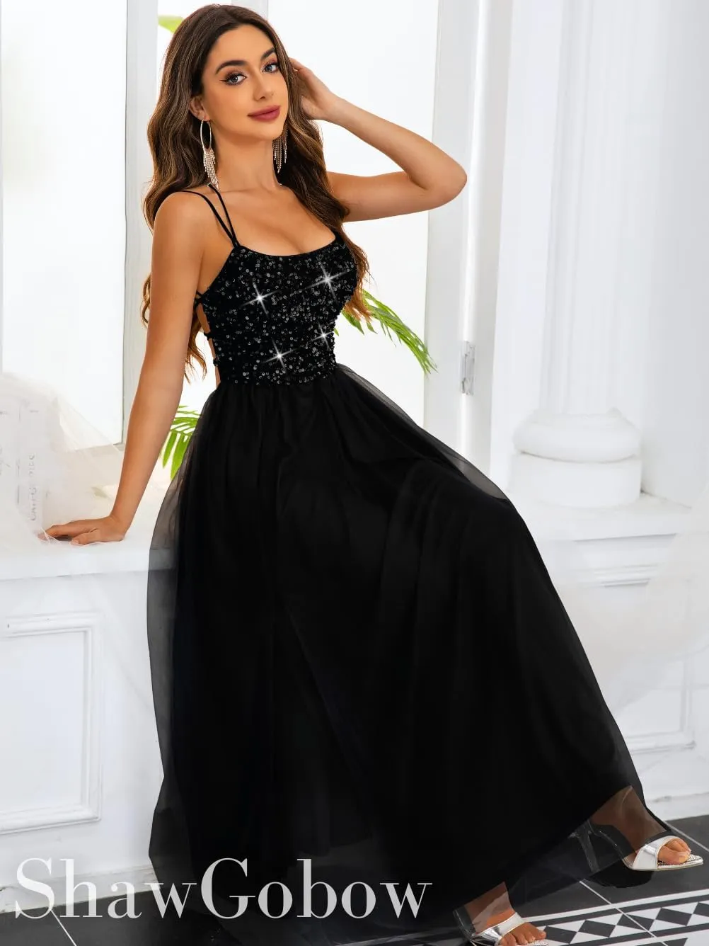 Tulle Prom Dress with Slit,Sequin Backless Long Flowy Dresses for Women,Sexy Sparkly Outfits Homecoming Wedding