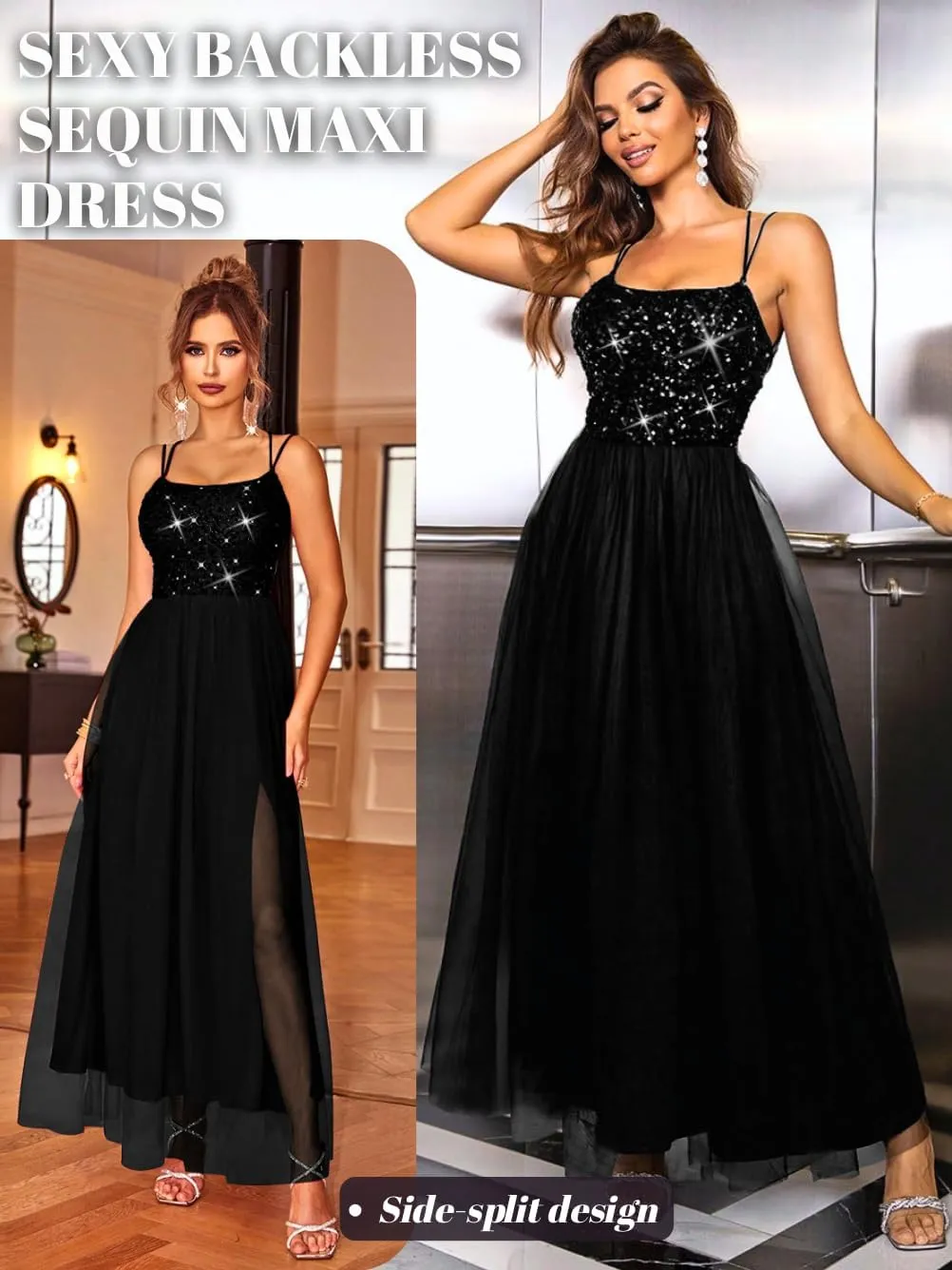 Tulle Prom Dress with Slit,Sequin Backless Long Flowy Dresses for Women,Sexy Sparkly Outfits Homecoming Wedding