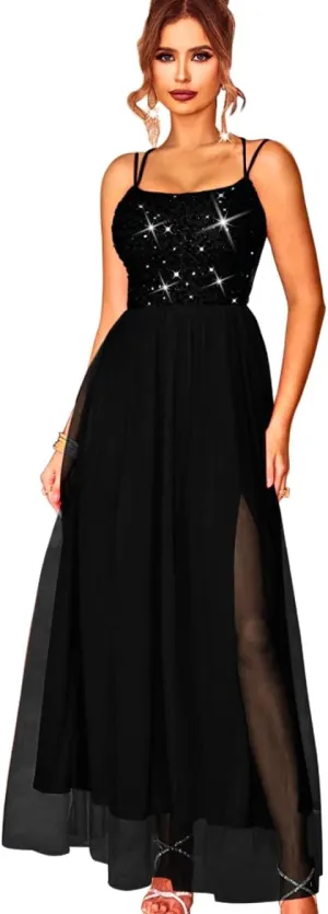 Tulle Prom Dress with Slit,Sequin Backless Long Flowy Dresses for Women,Sexy Sparkly Outfits Homecoming Wedding