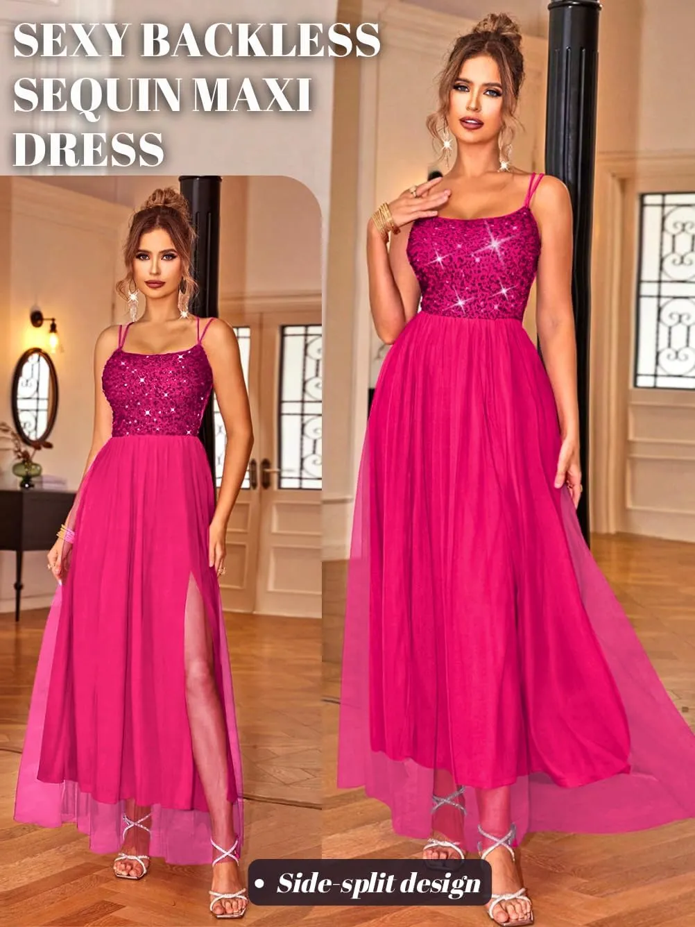 Tulle Prom Dress with Slit,Sequin Backless Long Flowy Dresses for Women,Sexy Sparkly Outfits Homecoming Wedding