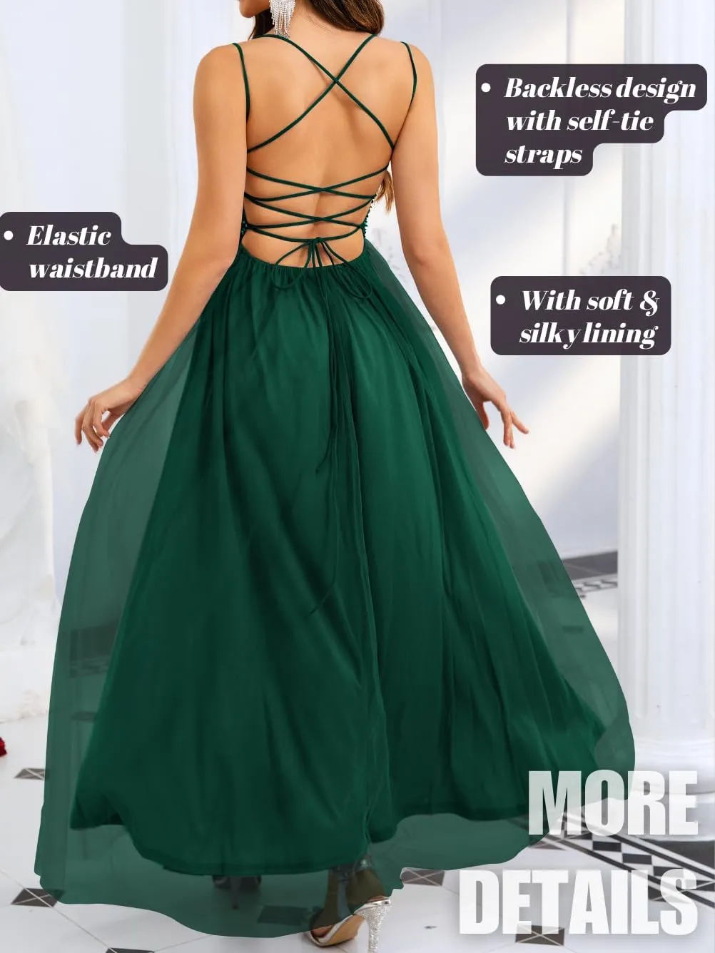 Tulle Prom Dress with Slit,Sequin Backless Long Flowy Dresses for Women,Sexy Sparkly Outfits Homecoming Wedding