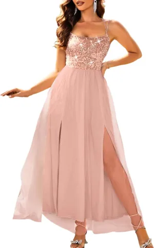 Tulle Prom Dress with Slit,Sequin Backless Long Flowy Dresses for Women,Sexy Sparkly Outfits Homecoming Wedding
