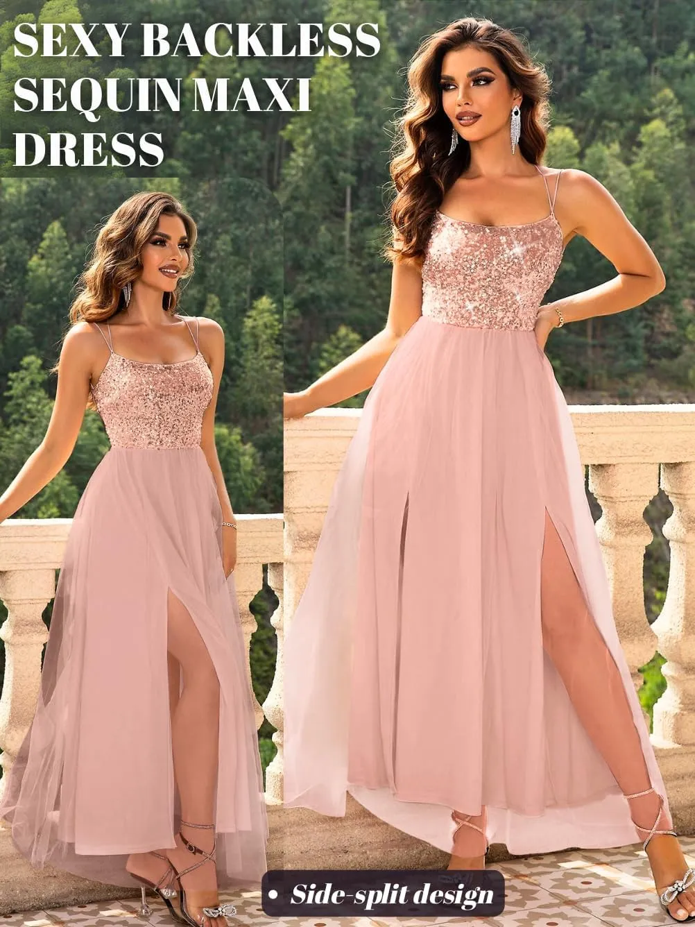 Tulle Prom Dress with Slit,Sequin Backless Long Flowy Dresses for Women,Sexy Sparkly Outfits Homecoming Wedding