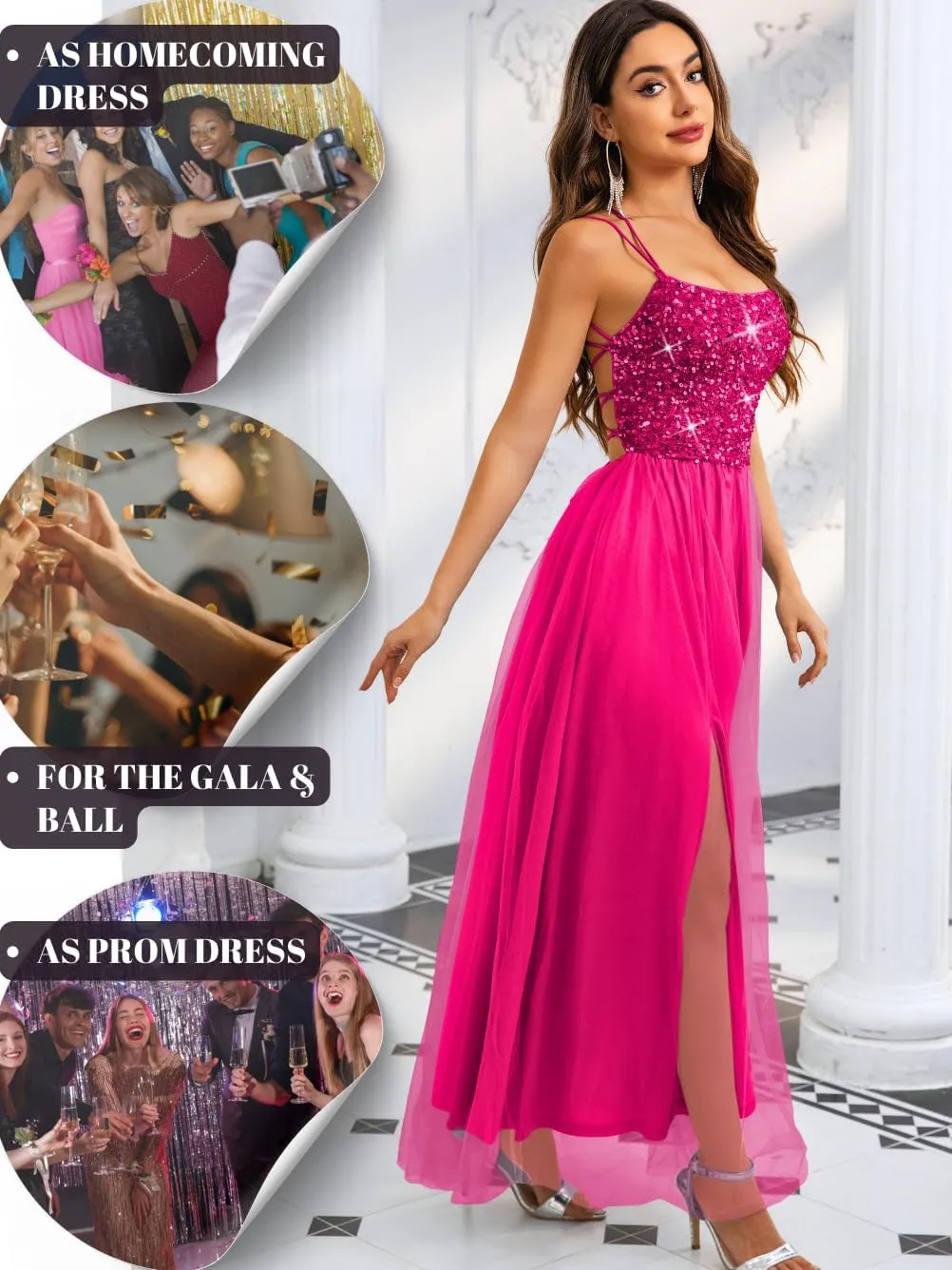 Tulle Prom Dress with Slit,Sequin Backless Long Flowy Dresses for Women,Sexy Sparkly Outfits Homecoming Wedding