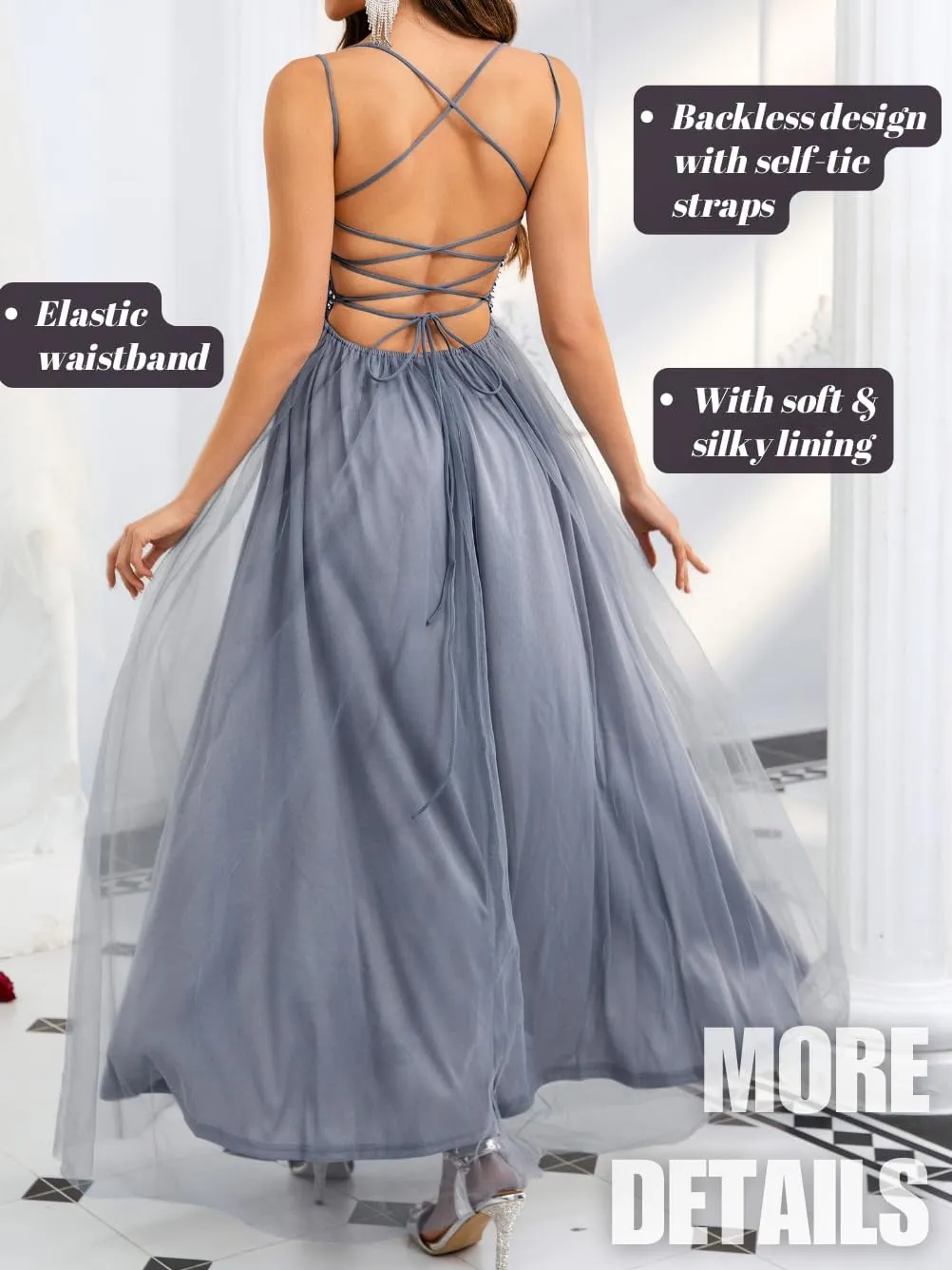 Tulle Prom Dress with Slit,Sequin Backless Long Flowy Dresses for Women,Sexy Sparkly Outfits Homecoming Wedding