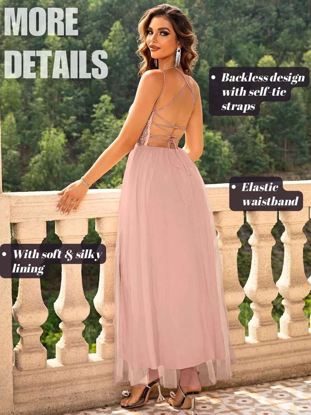 Tulle Prom Dress with Slit,Sequin Backless Long Flowy Dresses for Women,Sexy Sparkly Outfits Homecoming Wedding