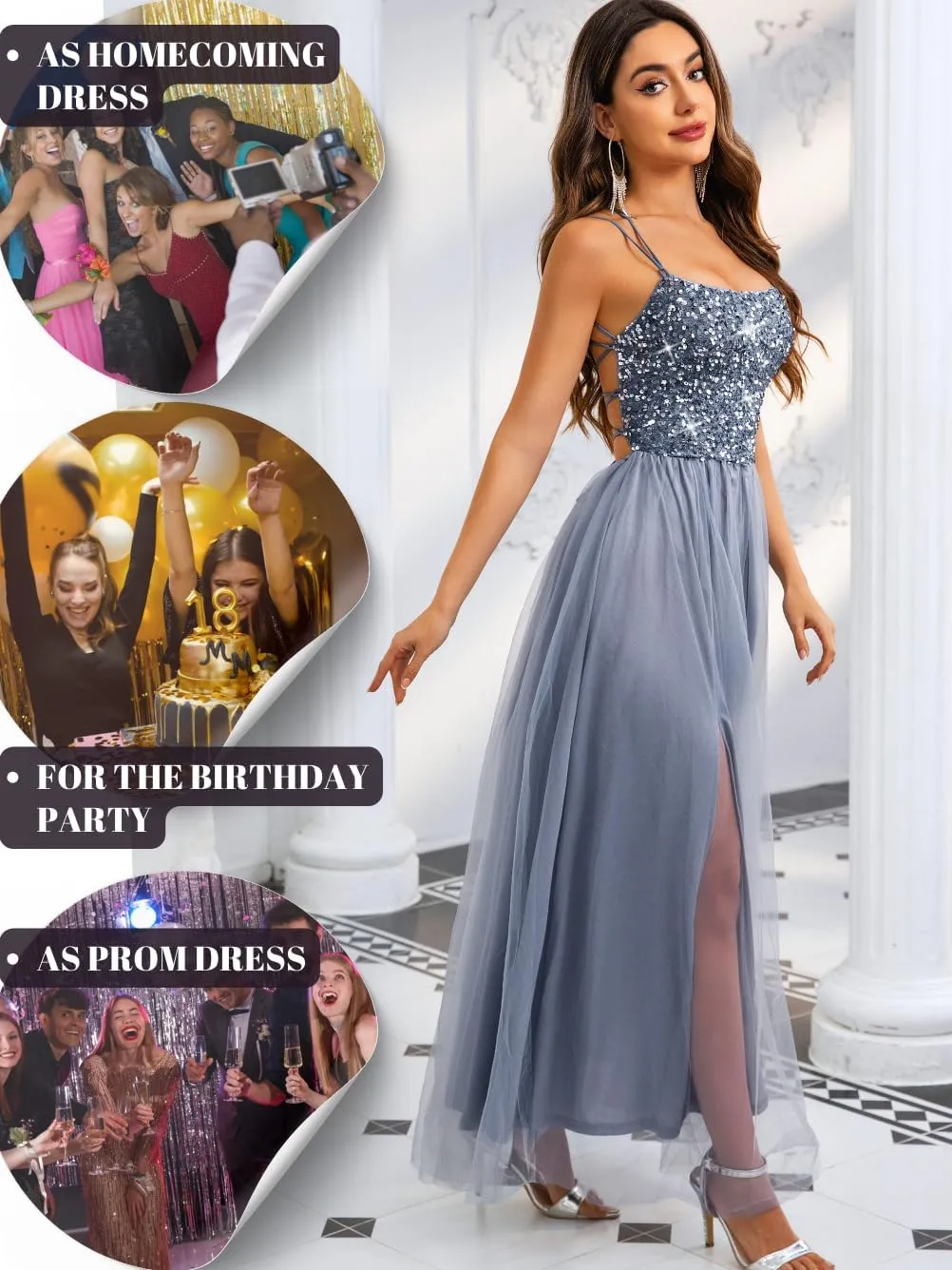 Tulle Prom Dress with Slit,Sequin Backless Long Flowy Dresses for Women,Sexy Sparkly Outfits Homecoming Wedding