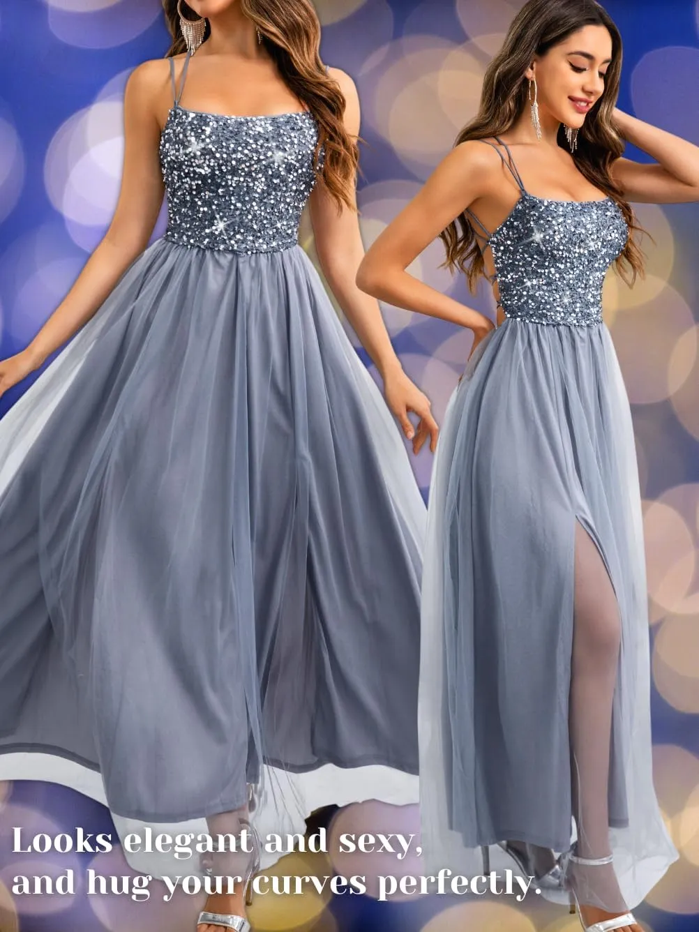 Tulle Prom Dress with Slit,Sequin Backless Long Flowy Dresses for Women,Sexy Sparkly Outfits Homecoming Wedding