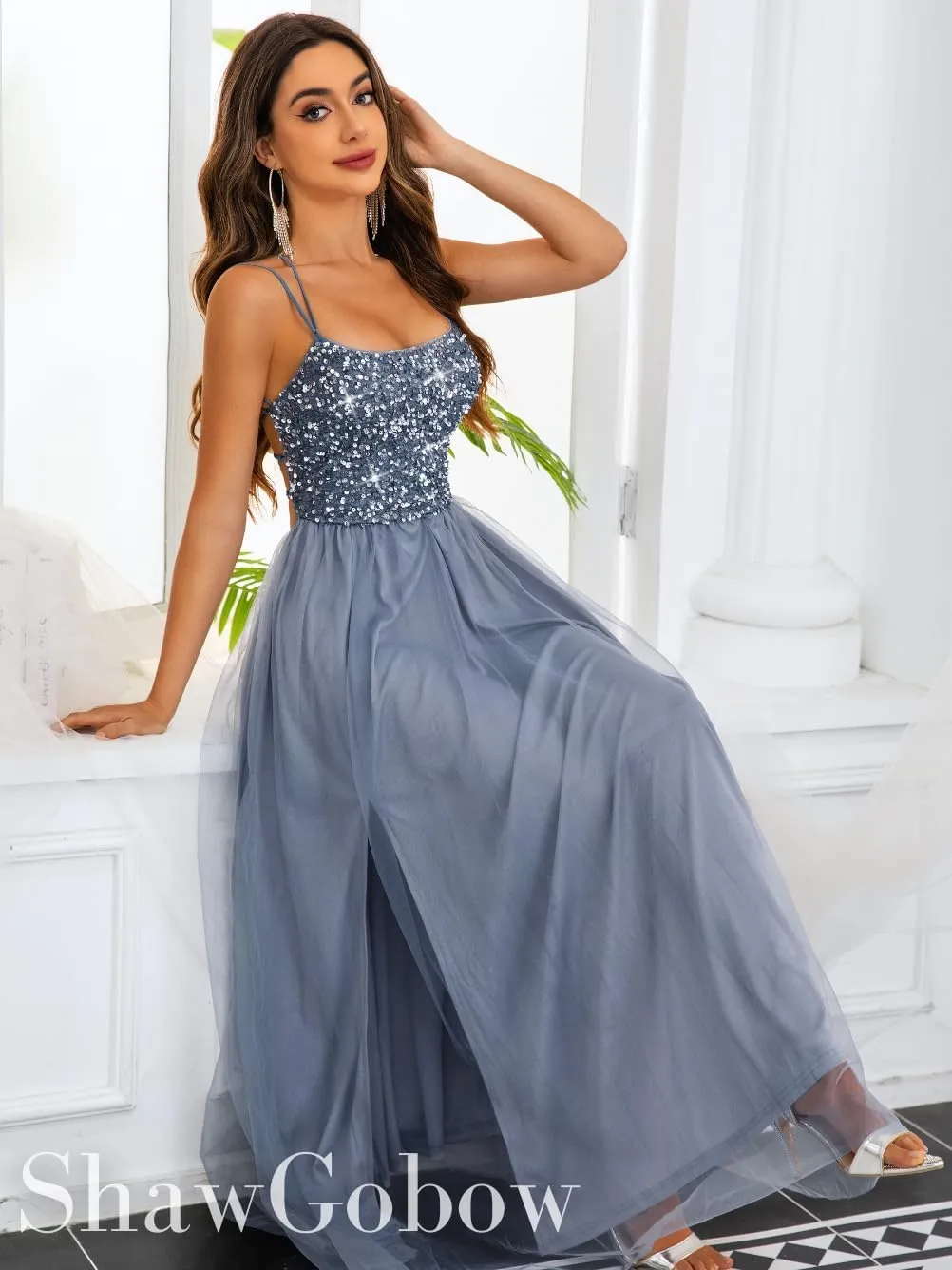 Tulle Prom Dress with Slit,Sequin Backless Long Flowy Dresses for Women,Sexy Sparkly Outfits Homecoming Wedding