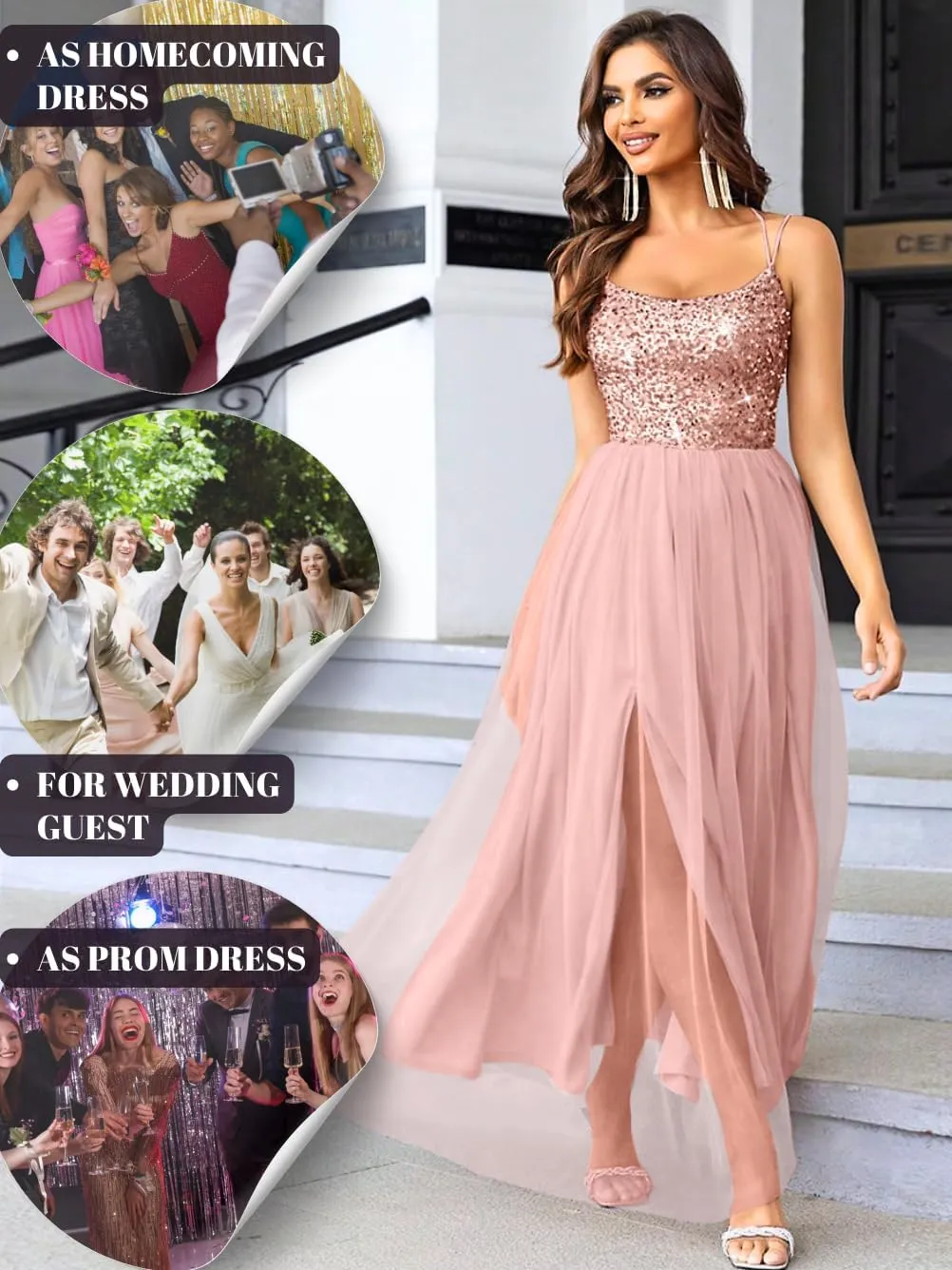Tulle Prom Dress with Slit,Sequin Backless Long Flowy Dresses for Women,Sexy Sparkly Outfits Homecoming Wedding