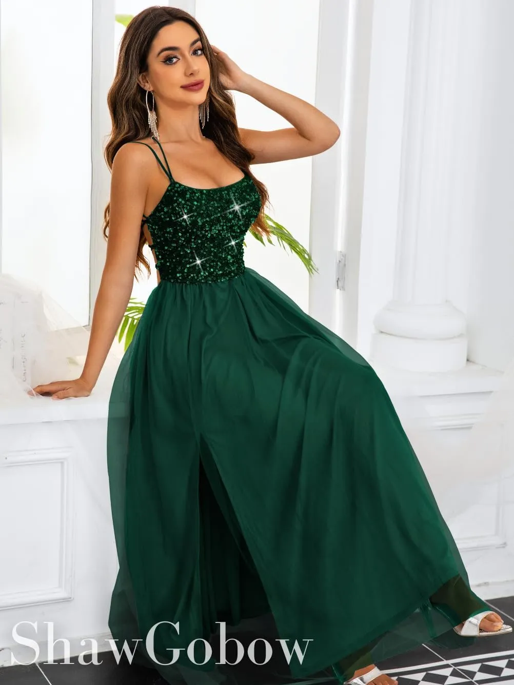 Tulle Prom Dress with Slit,Sequin Backless Long Flowy Dresses for Women,Sexy Sparkly Outfits Homecoming Wedding