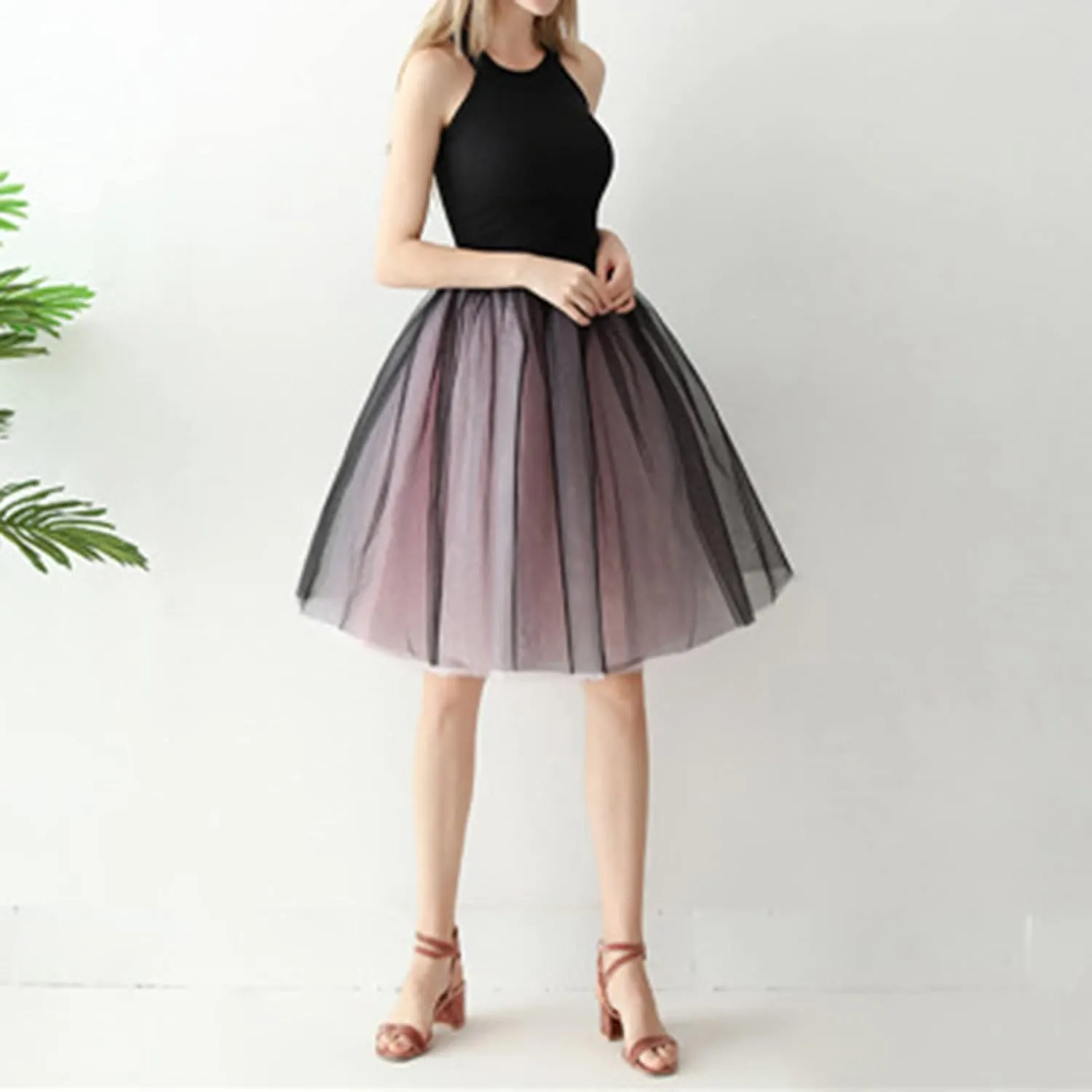 Tutu Skirt Women's Knee Length 6-Layered Wedding Party Wrap Skirt Black Tulle