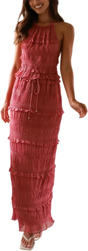 Two Piece Maxi Skirt Sets for Women Summer Backless Shirred Tie-up Halter Beach Cami Top Long Skirt Going Out Outfit