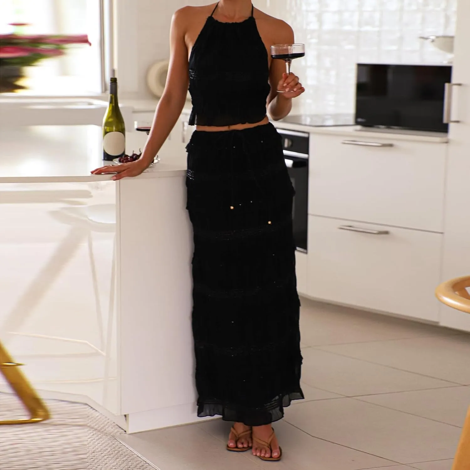 Two Piece Maxi Skirt Sets for Women Summer Backless Shirred Tie-up Halter Beach Cami Top Long Skirt Going Out Outfit