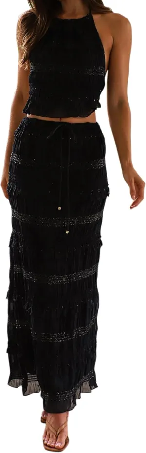 Two Piece Maxi Skirt Sets for Women Summer Backless Shirred Tie-up Halter Beach Cami Top Long Skirt Going Out Outfit