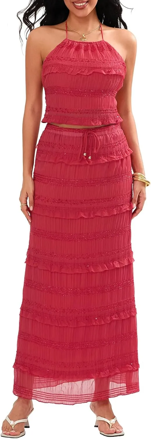 Two Piece Maxi Skirt Sets for Women Summer Backless Shirred Tie-up Halter Beach Cami Top Long Skirt Going Out Outfit