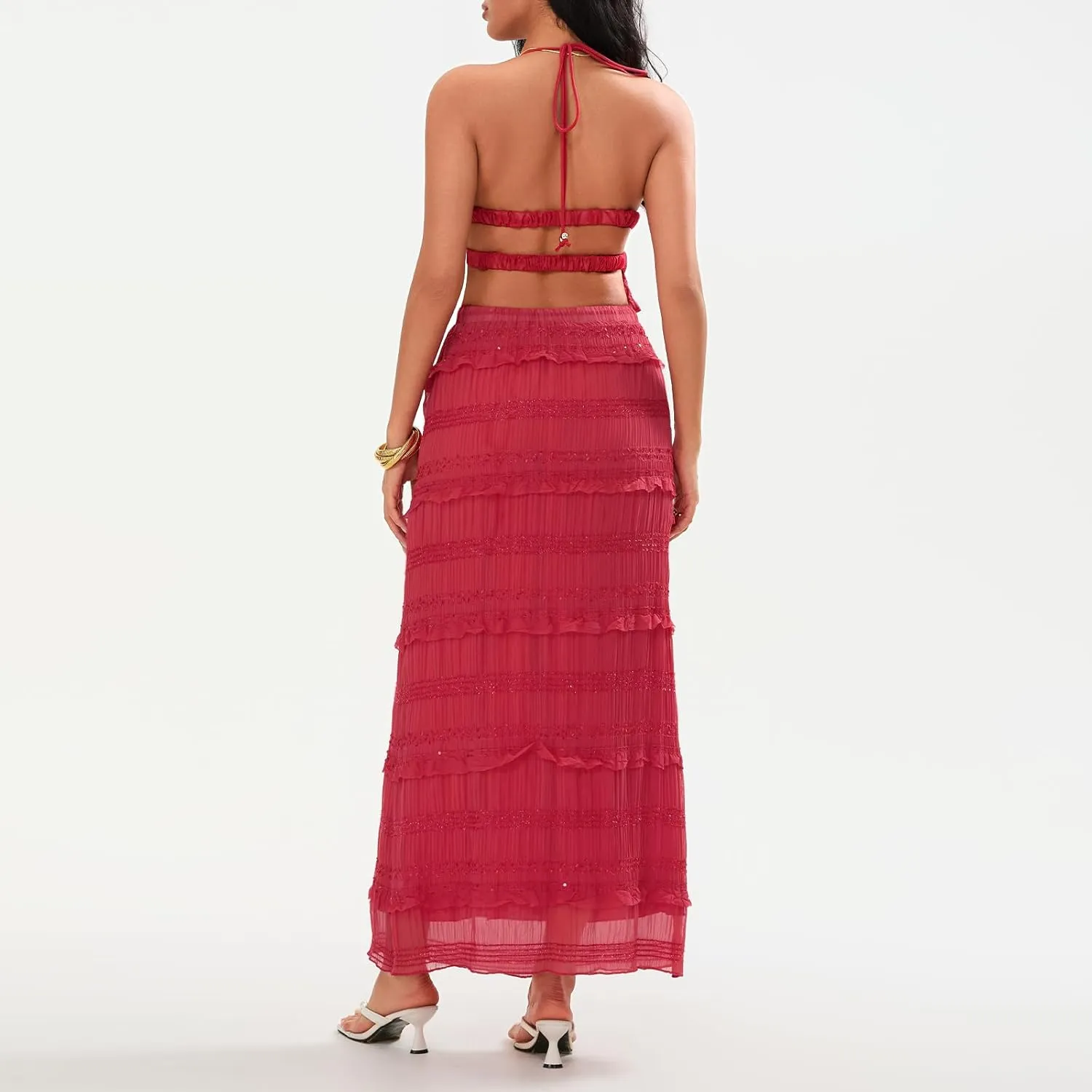 Two Piece Maxi Skirt Sets for Women Summer Backless Shirred Tie-up Halter Beach Cami Top Long Skirt Going Out Outfit