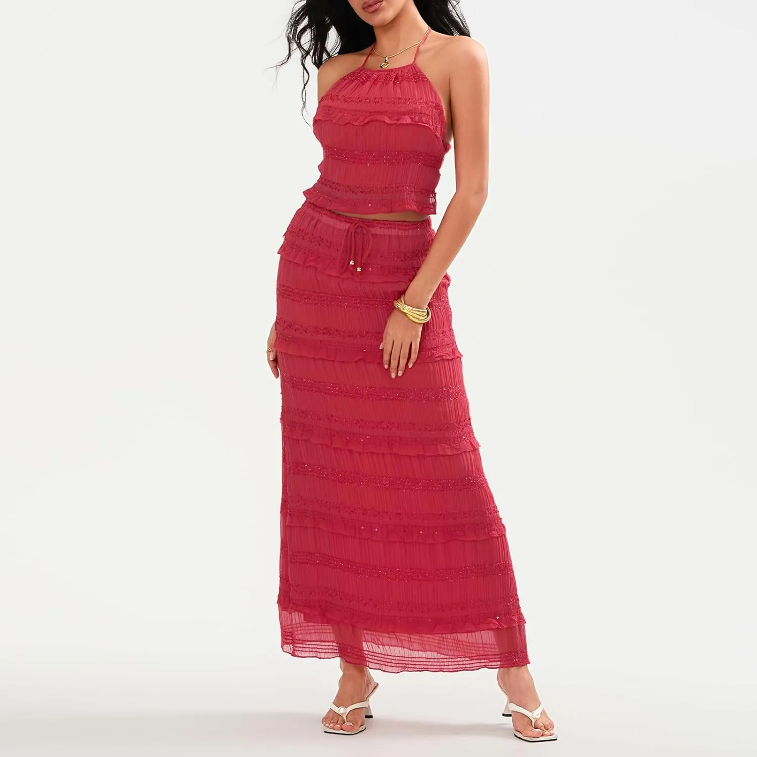 Two Piece Maxi Skirt Sets for Women Summer Backless Shirred Tie-up Halter Beach Cami Top Long Skirt Going Out Outfit
