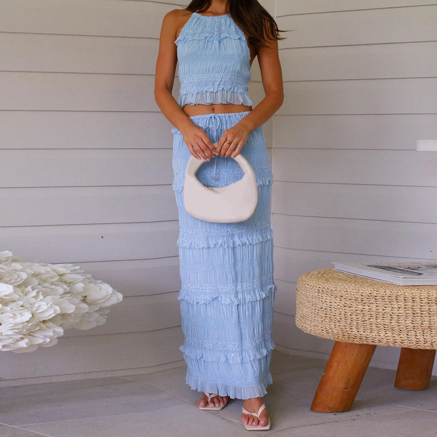 Two Piece Maxi Skirt Sets for Women Summer Backless Shirred Tie-up Halter Beach Cami Top Long Skirt Going Out Outfit