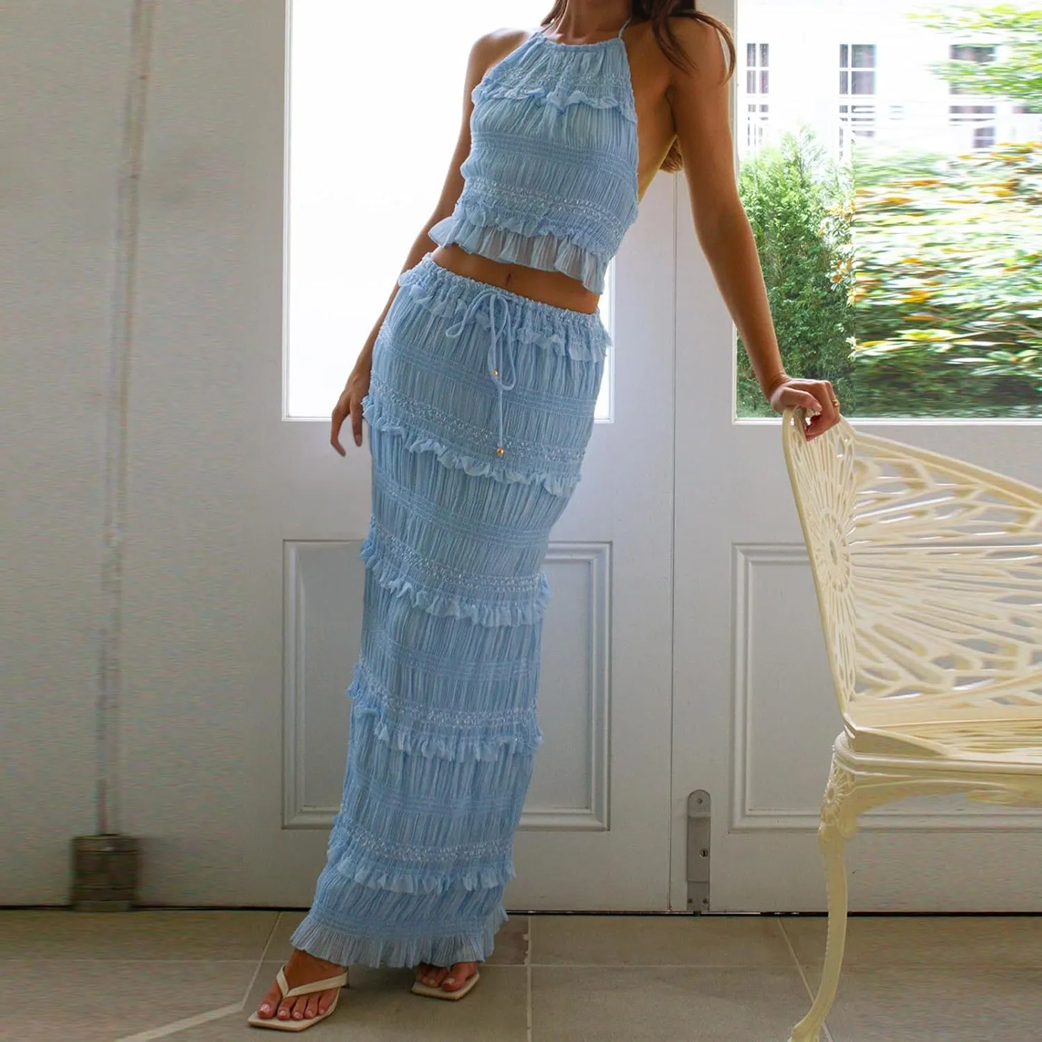 Two Piece Maxi Skirt Sets for Women Summer Backless Shirred Tie-up Halter Beach Cami Top Long Skirt Going Out Outfit