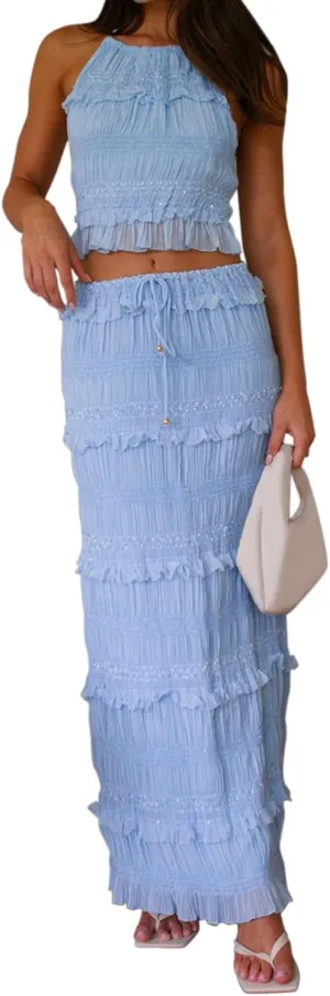 Two Piece Maxi Skirt Sets for Women Summer Backless Shirred Tie-up Halter Beach Cami Top Long Skirt Going Out Outfit