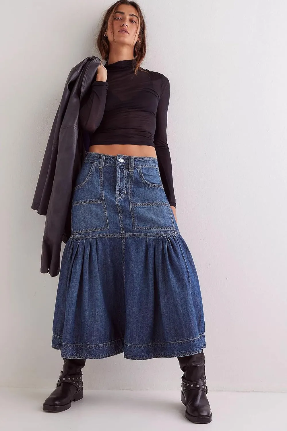 utcoco Womens 2025 Y2k Denim Skirt Casual High Waist Patchwork Ruffle Pleated A-Line Long Skirts