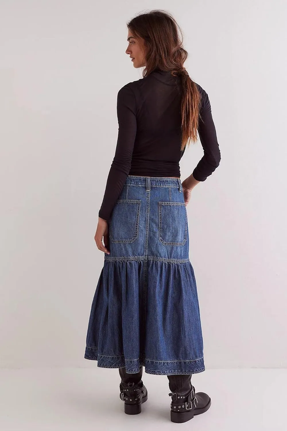 utcoco Womens 2025 Y2k Denim Skirt Casual High Waist Patchwork Ruffle Pleated A-Line Long Skirts