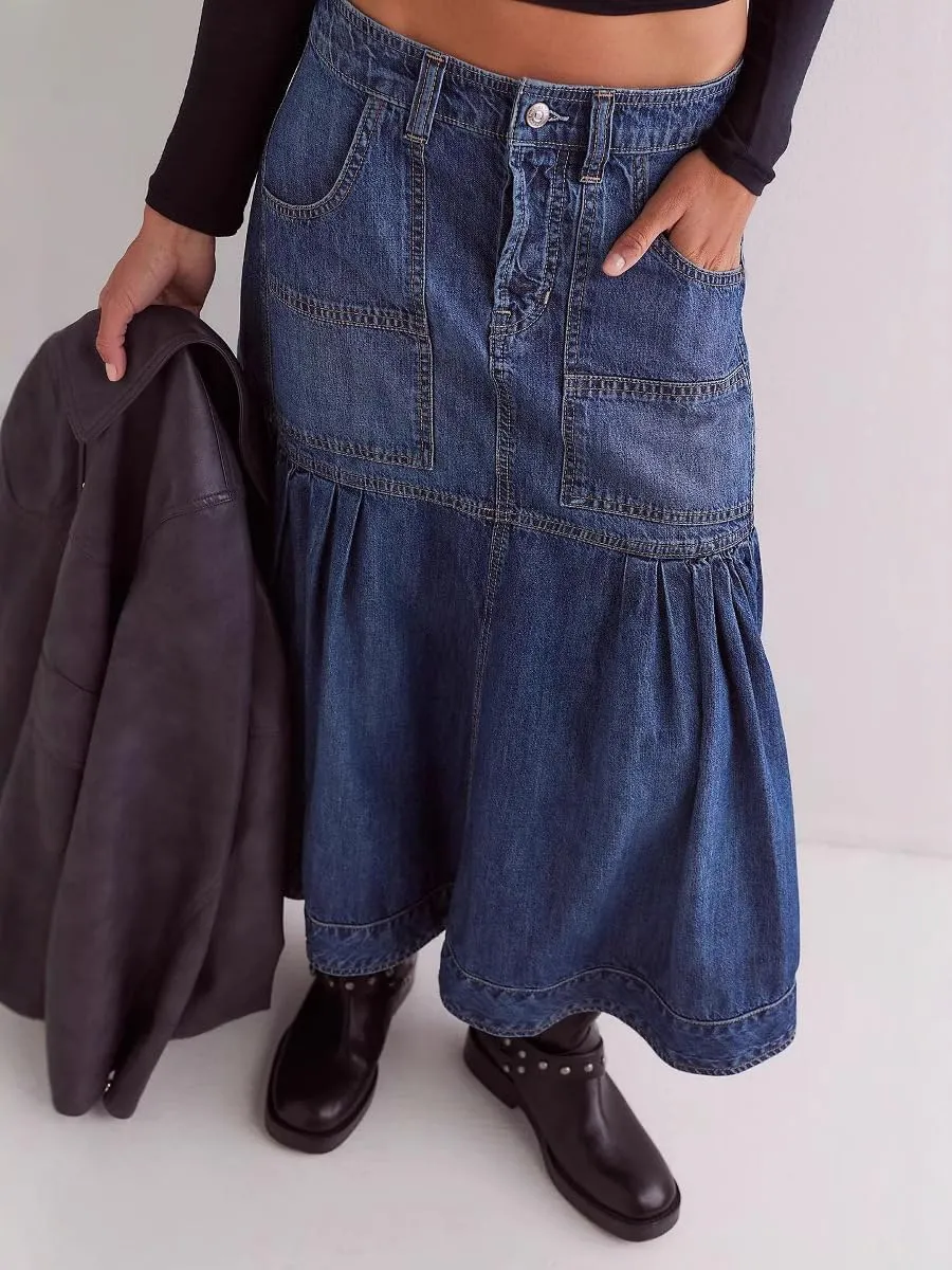 utcoco Womens 2025 Y2k Denim Skirt Casual High Waist Patchwork Ruffle Pleated A-Line Long Skirts