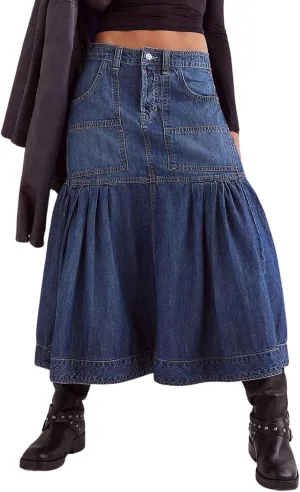 utcoco Womens 2025 Y2k Denim Skirt Casual High Waist Patchwork Ruffle Pleated A-Line Long Skirts
