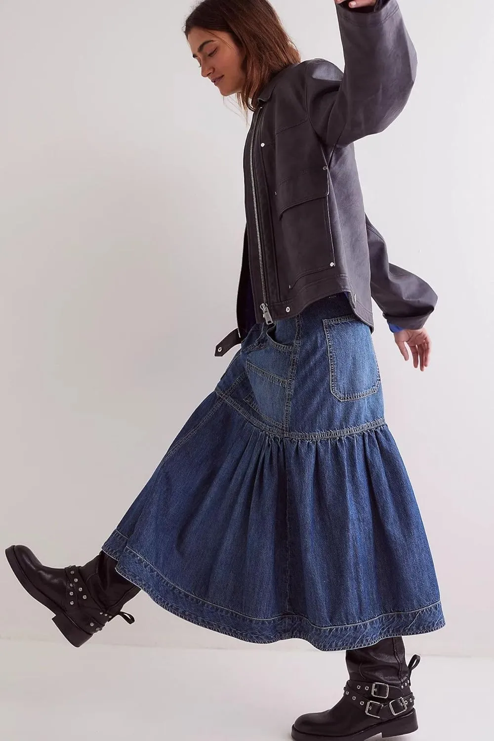 utcoco Womens 2025 Y2k Denim Skirt Casual High Waist Patchwork Ruffle Pleated A-Line Long Skirts