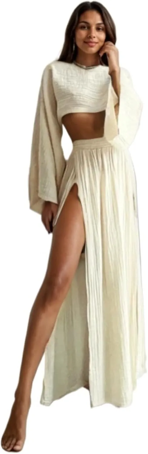 VCM 2 Piece Set High Slit Skirt Boho Maxi Dress Beach Cover Ups for Women Sarong Bikini Coverup Vacation Outfits