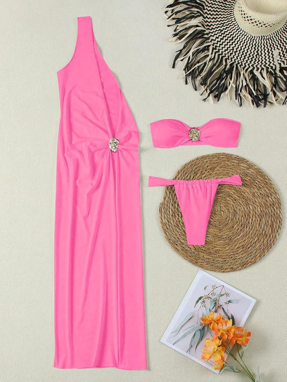 Verdusa Women's 3 Piece Elegant Swimwear Bikini Set Asymmetrical Swimsuit with One Shoulder Cover Up