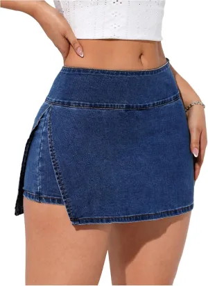 Verdusa Women's Slit Wrap Bodycon Denim Skirt Asymmetrical Mini Jean Skort