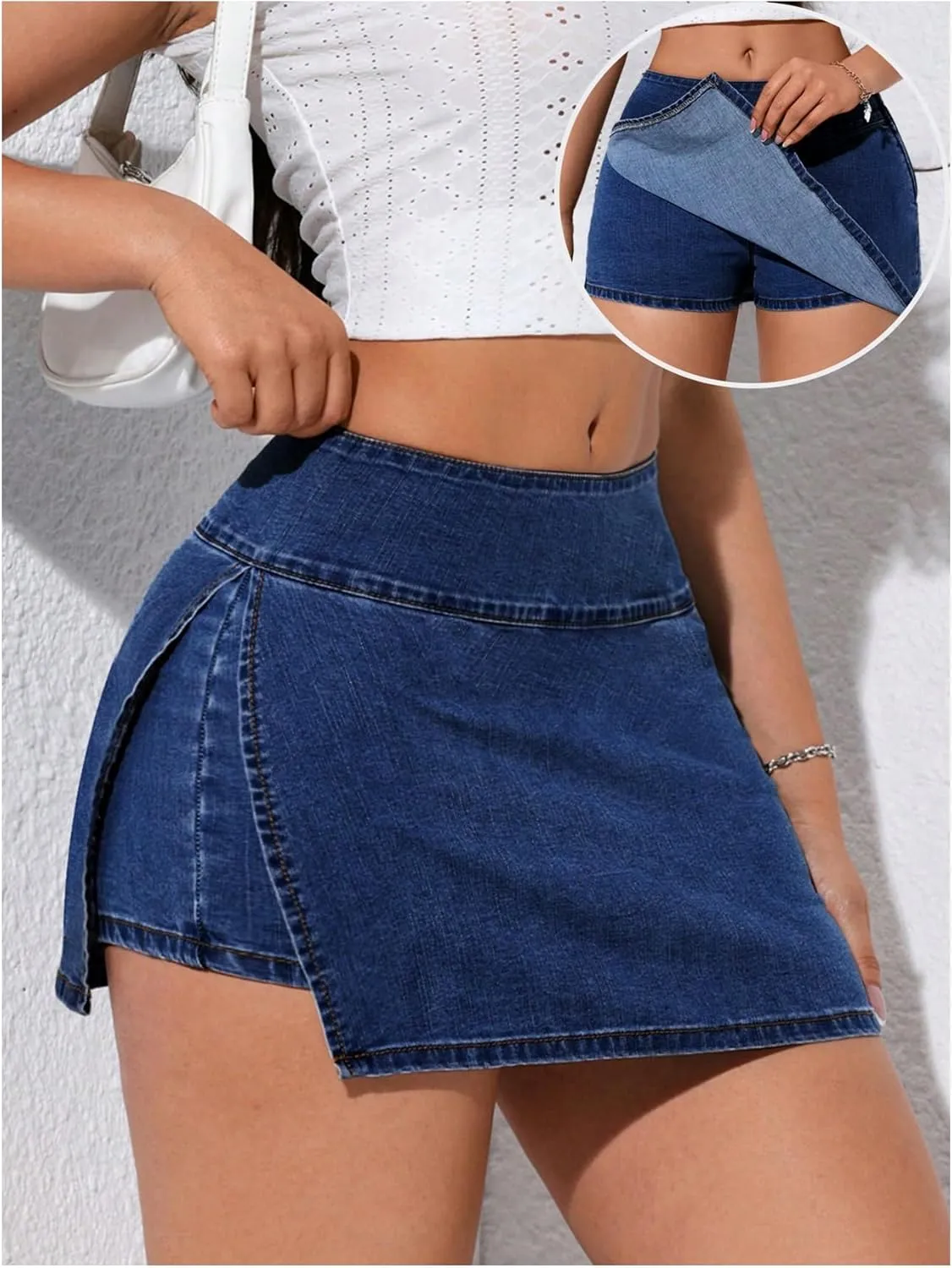 Verdusa Women's Slit Wrap Bodycon Denim Skirt Asymmetrical Mini Jean Skort