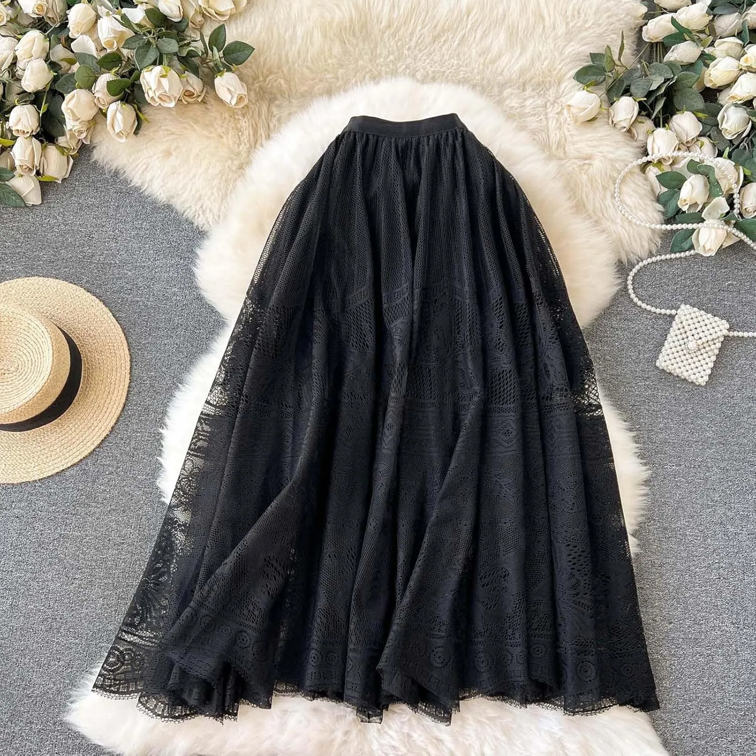 Vintage Mesh Midi Skirts for Women Fashion Embroidery High Waist A-Line Skirts Casual Pleated Flowy Half Skirts
