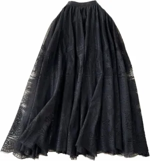 Vintage Mesh Midi Skirts for Women Fashion Embroidery High Waist A-Line Skirts Casual Pleated Flowy Half Skirts