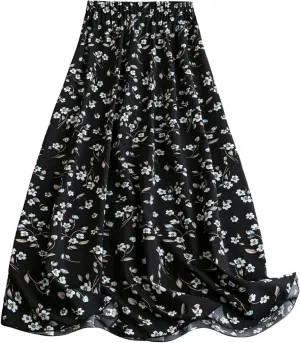 WDIRARA Women's Floral Print High Waist Maxi Skirt Boho Flowy Flared A Line Skirt