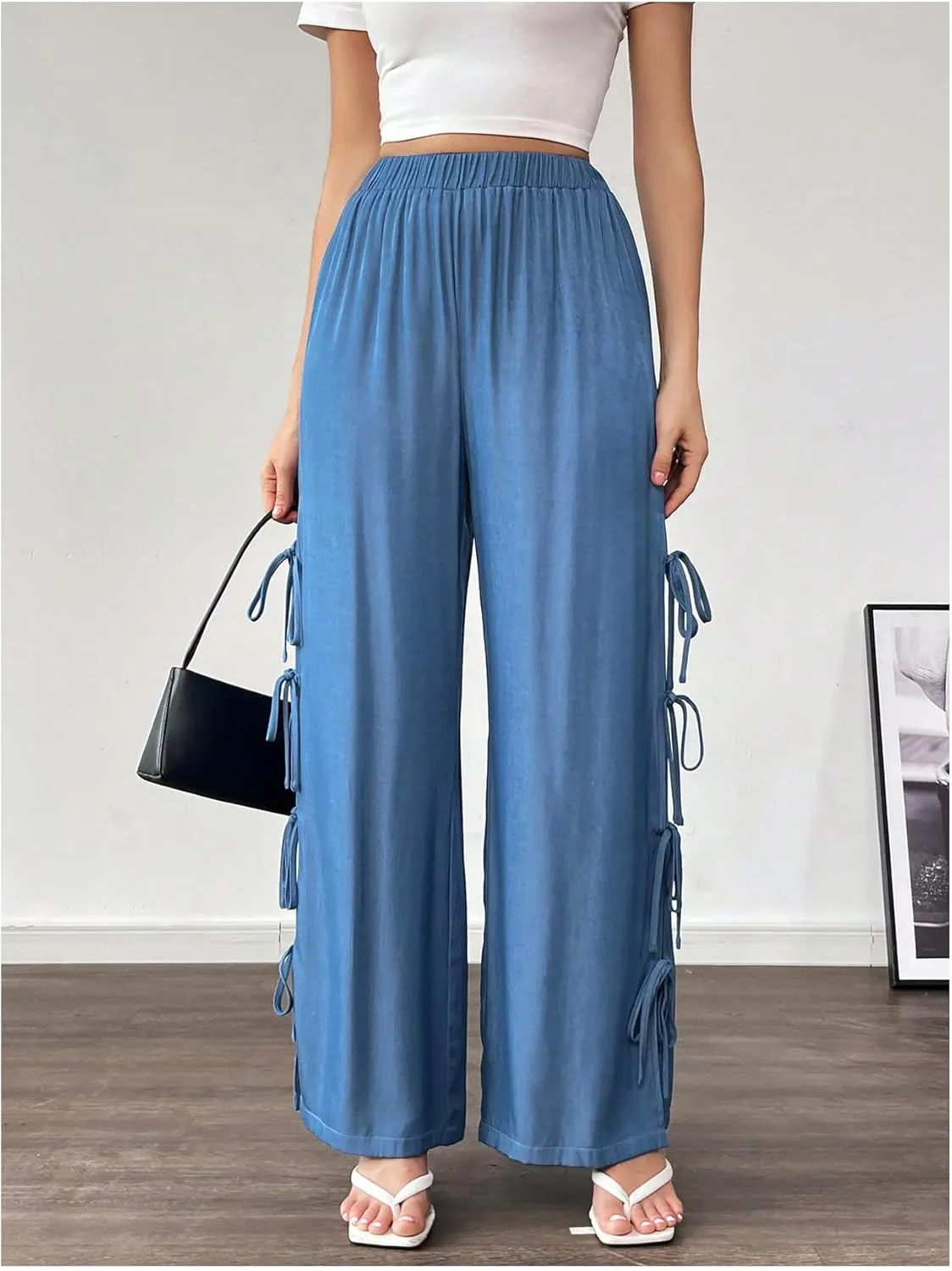 WDIRARA Women's Split Tie Side Elastic Waist Long Pants Straight Leg High Waist Trousers