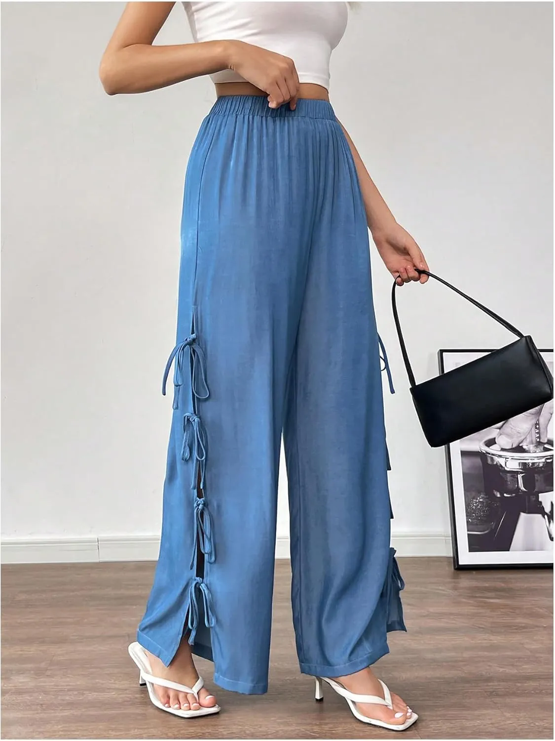WDIRARA Women's Split Tie Side Elastic Waist Long Pants Straight Leg High Waist Trousers