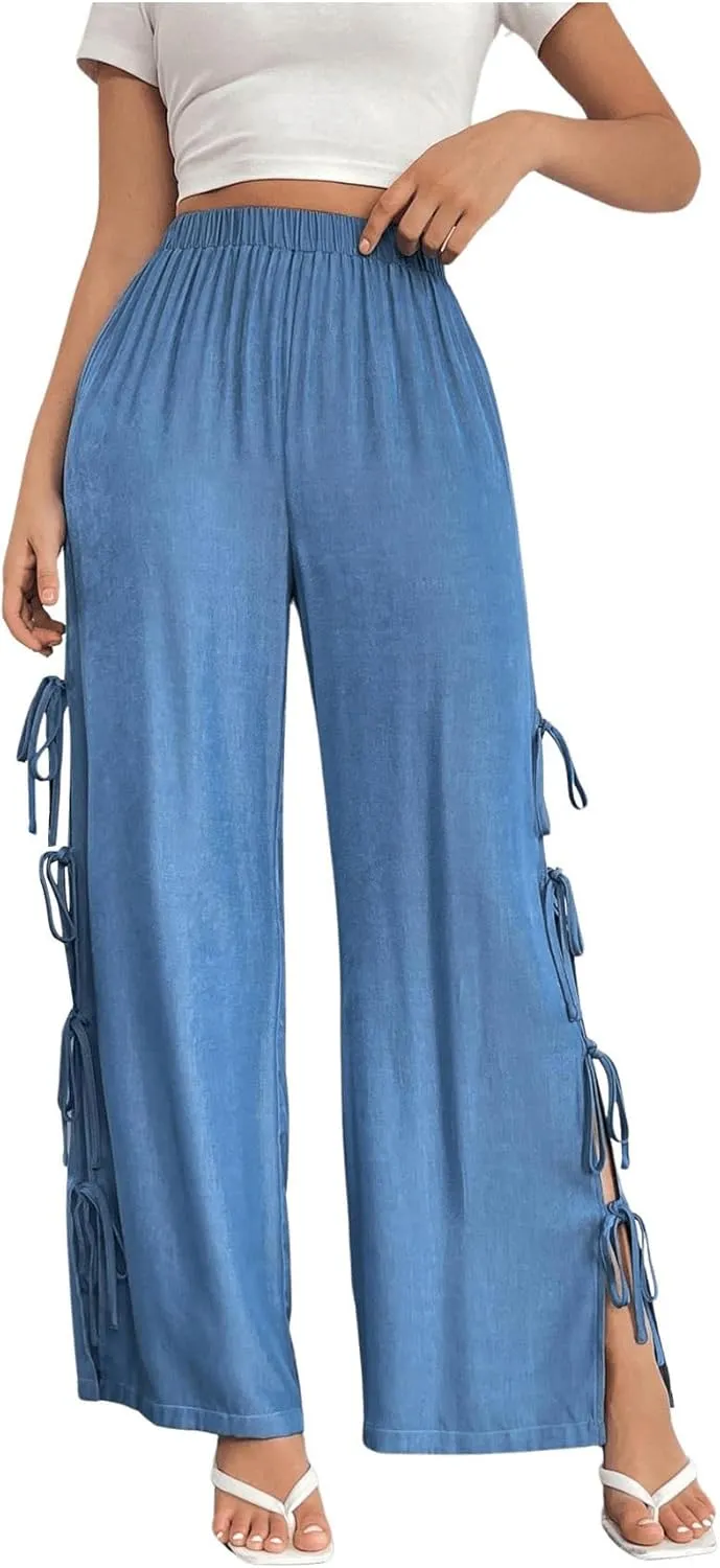WDIRARA Women's Split Tie Side Elastic Waist Long Pants Straight Leg High Waist Trousers