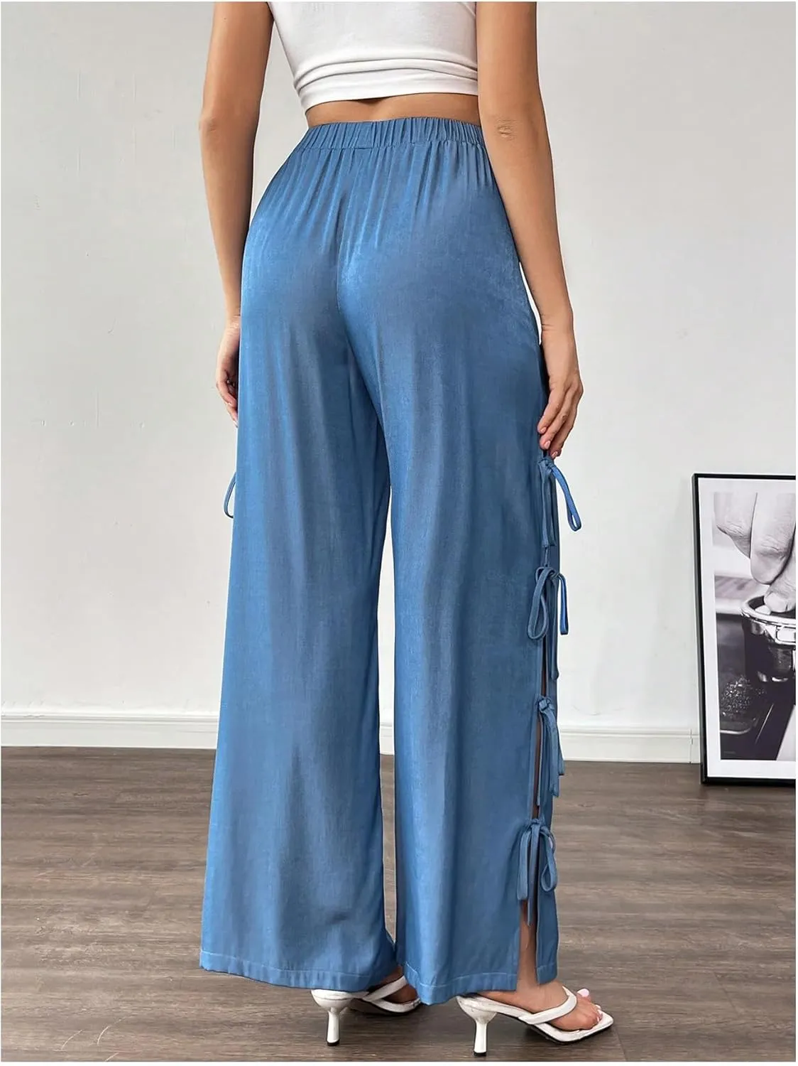 WDIRARA Women's Split Tie Side Elastic Waist Long Pants Straight Leg High Waist Trousers