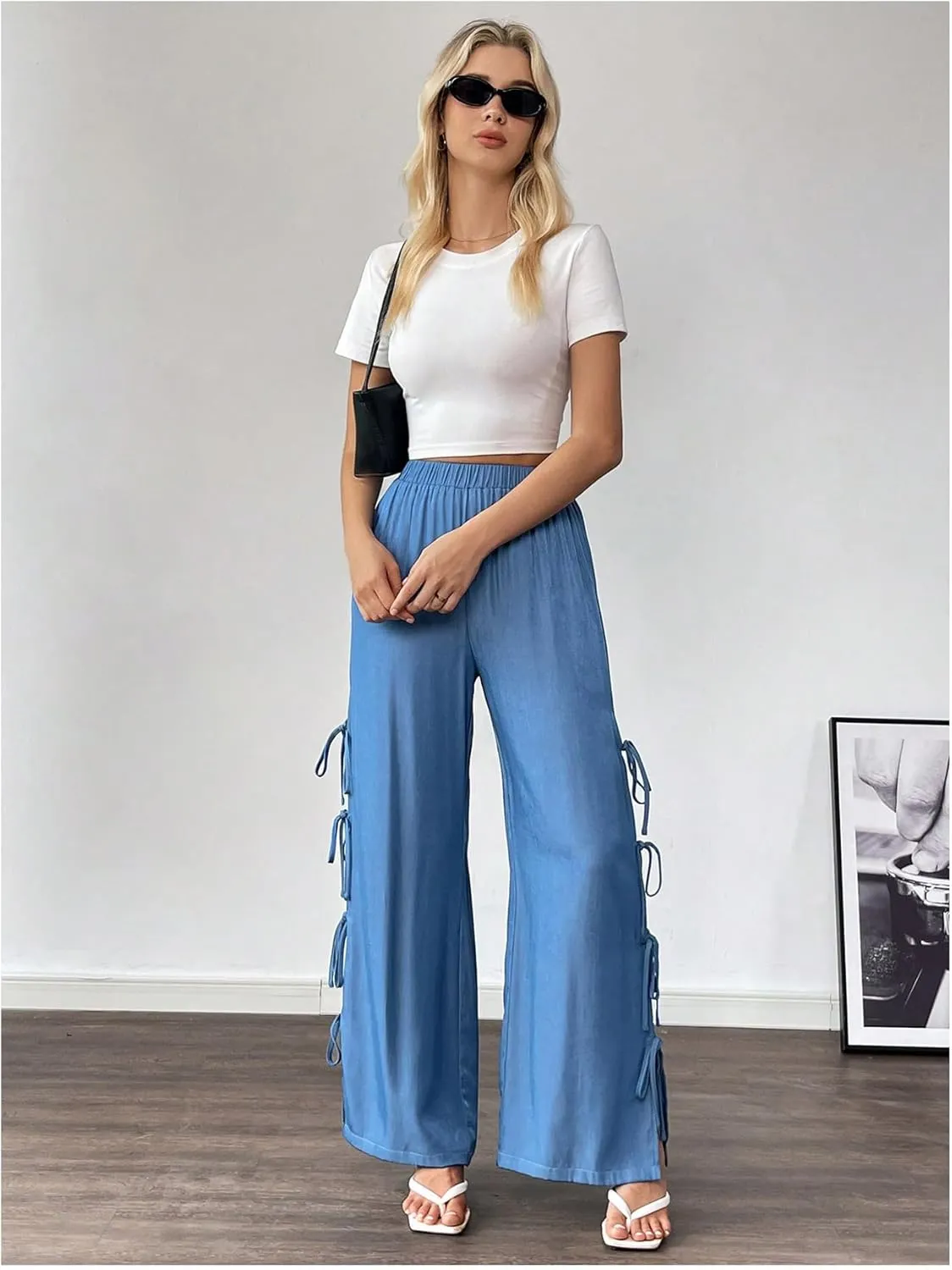 WDIRARA Women's Split Tie Side Elastic Waist Long Pants Straight Leg High Waist Trousers